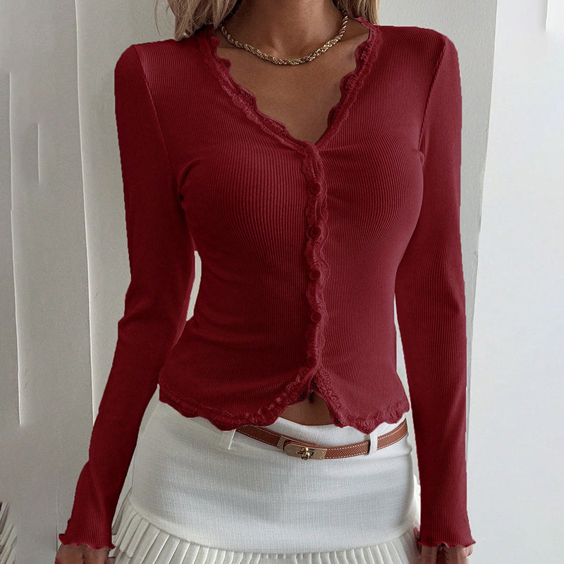 Women's Elegant Lace Trim V-Neck Blouse