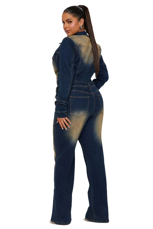 Women's Dark Wash Long Sleeve Denim Jumpsuit with Pockets
