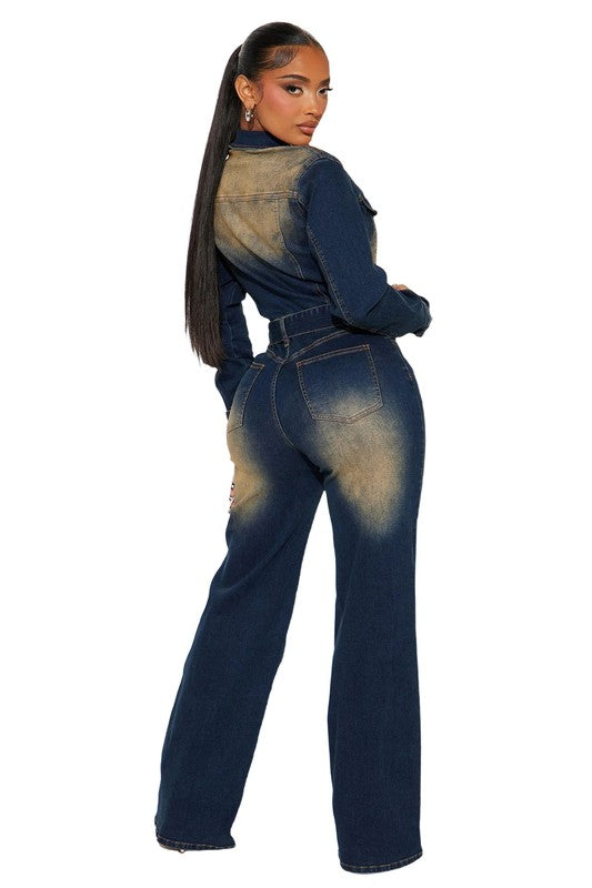 Women's Dark Wash Long Sleeve Denim Jumpsuit with Pockets
